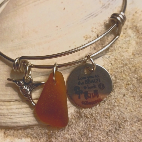 Handmade adjustable Stainless steel Seaglass Bracelet with Hummingbird Charm - Picture 2 of 4